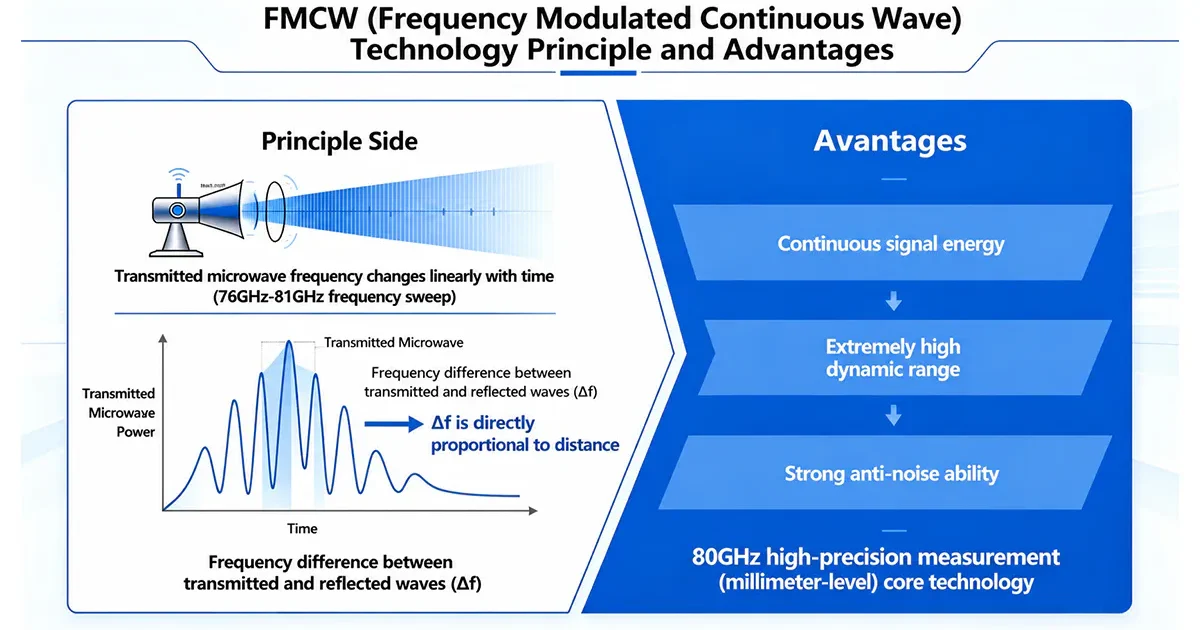 Signal processing and measurement principle diagram of a radar level sensor utilizing FMCW technology.