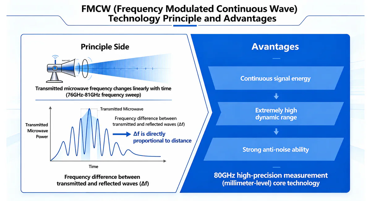 Signal processing and measurement principle diagram of a radar level sensor utilizing FMCW technology.