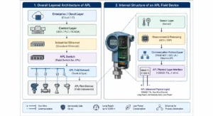 Diagramme de l'architecture du réseau industriel Ethernet-APL montrant la transmission de données HART des instruments de terrain vers la plateforme en nuage au sein d'une structure d'automatisation industrielle en couches.