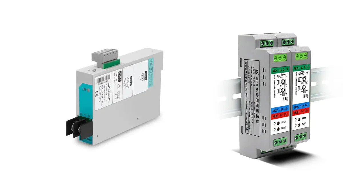 Industrial voltage transmitters mounted on DIN rail for signal isolation and voltage measurement applications