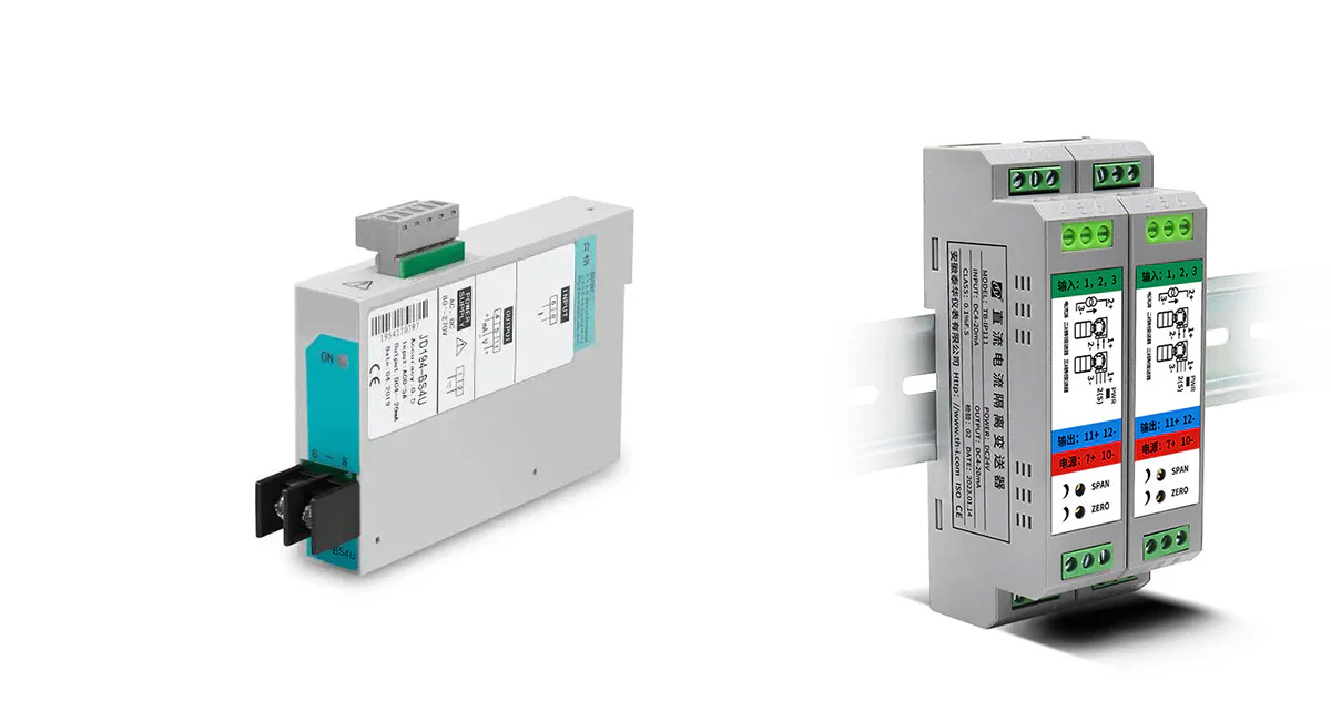 Industrial voltage transmitters mounted on DIN rail for signal isolation and voltage measurement applications