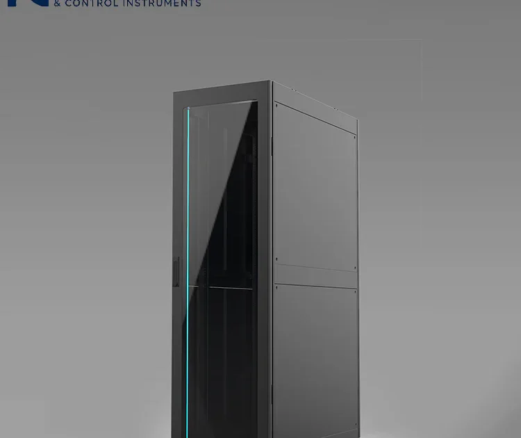 Glass-door industrial intelligent cabinet appearance, black design with LED ambient light, supporting visual equipment operation status