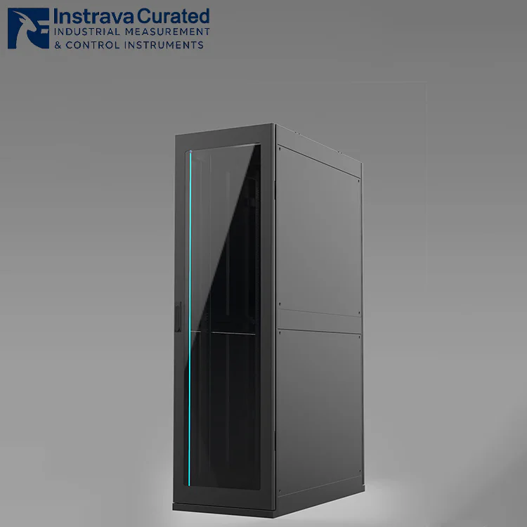 Glass-door industrial intelligent cabinet appearance, black design with LED ambient light, supporting visual equipment operation status