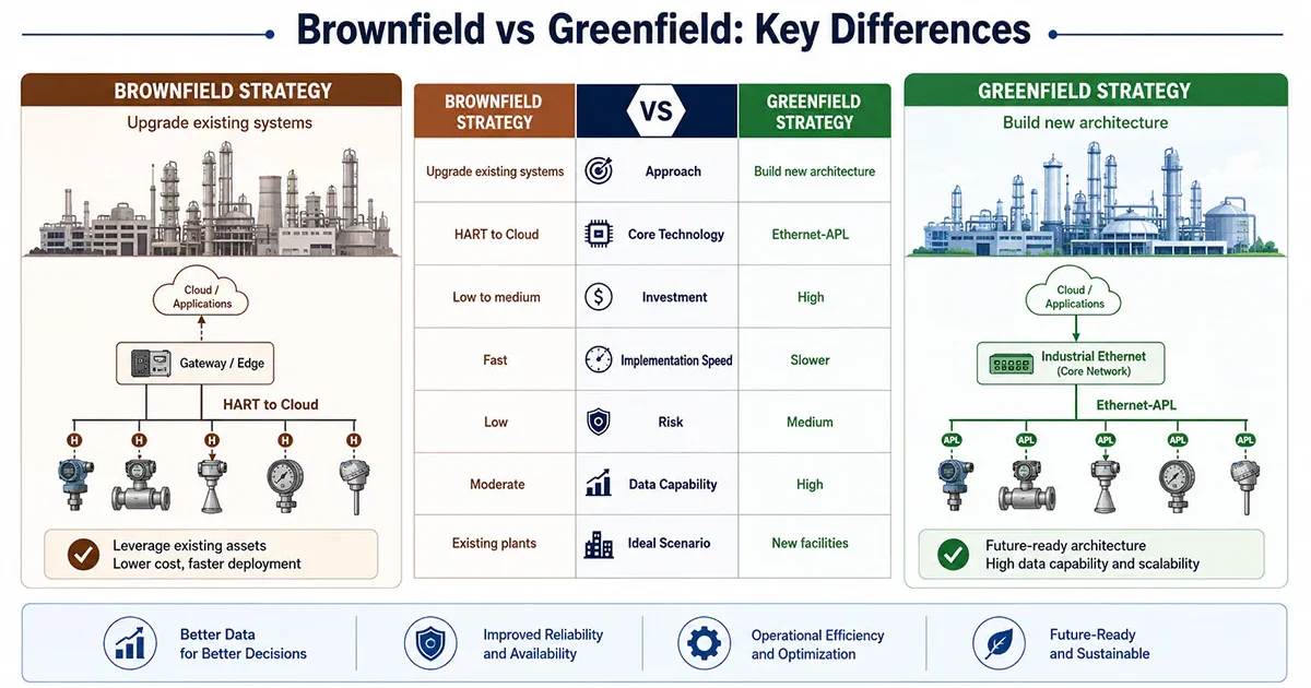 Comparison diagram of Brownfield vs Greenfield strategies in industrial digital transformation, highlighting the application differences between HART to Cloud and Ethernet-APL in industrial automation.