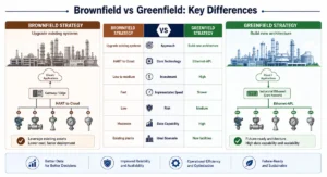 Diagramme de comparaison des stratégies Brownfield vs Greenfield dans la transformation numérique industrielle, mettant en évidence les différences d'application entre HART to Cloud et Ethernet-APL dans l'automatisation industrielle.