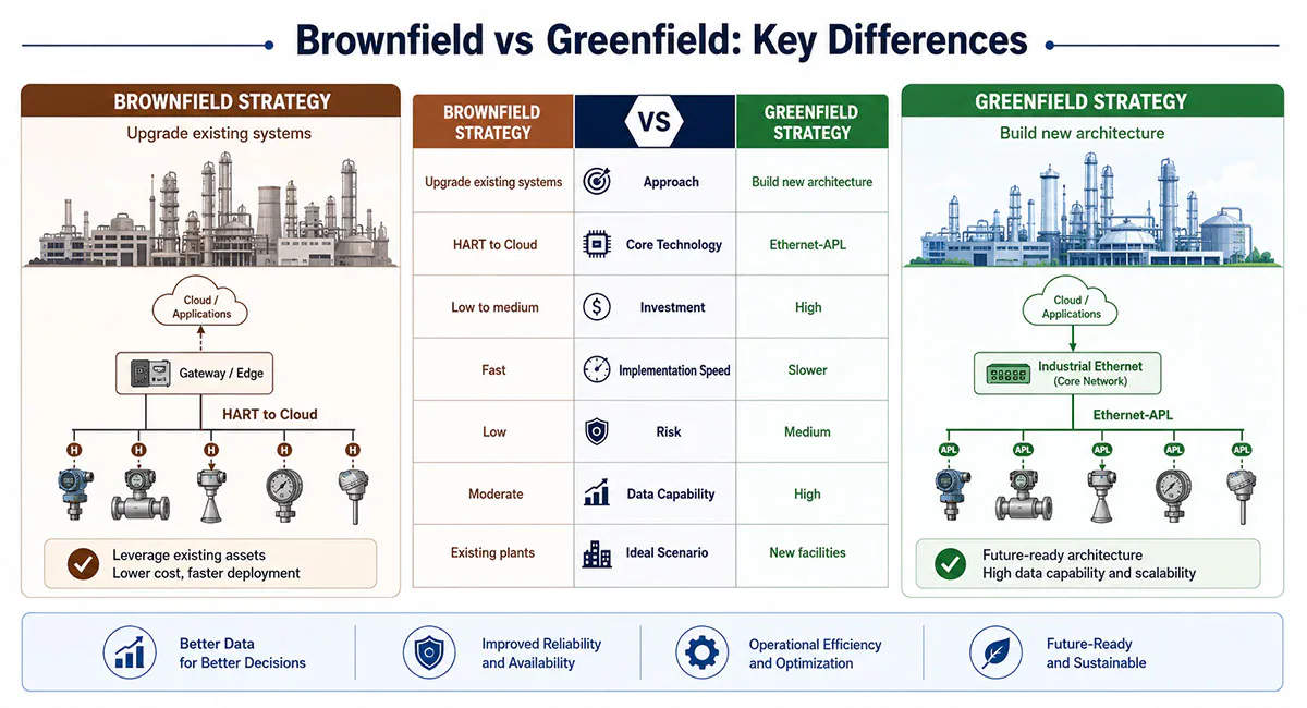 Comparison diagram of Brownfield vs Greenfield strategies in industrial digital transformation, highlighting the application differences between HART to Cloud and Ethernet-APL in industrial automation.