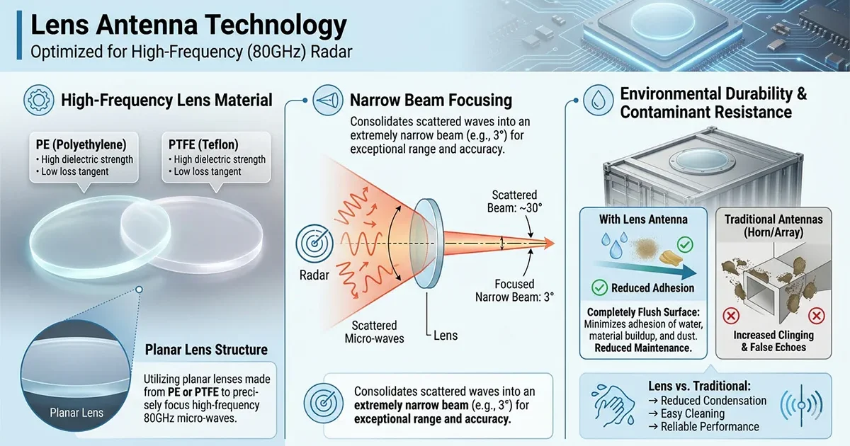 Microwave focusing and beam angle comparison diagram of an industrial high-frequency radar level sensor utilizing lens antenna technology.
