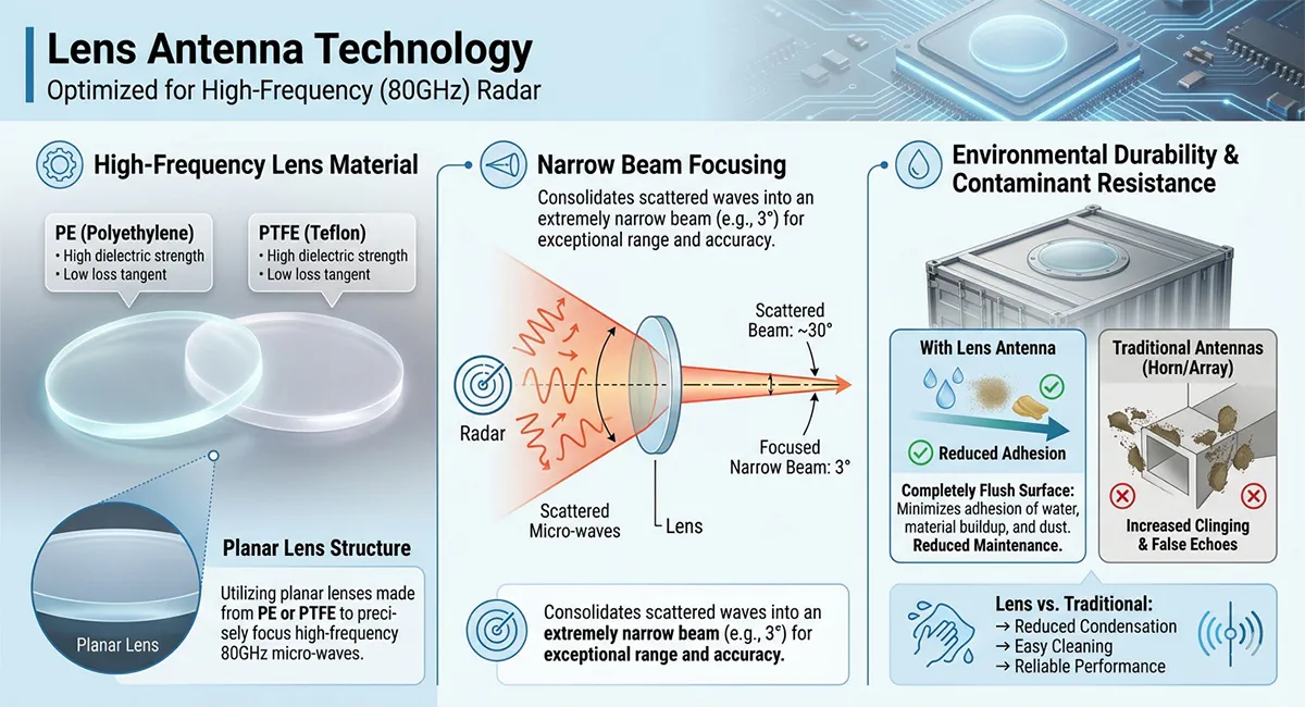 Microwave focusing and beam angle comparison diagram of an industrial high-frequency radar level sensor utilizing lens antenna technology.