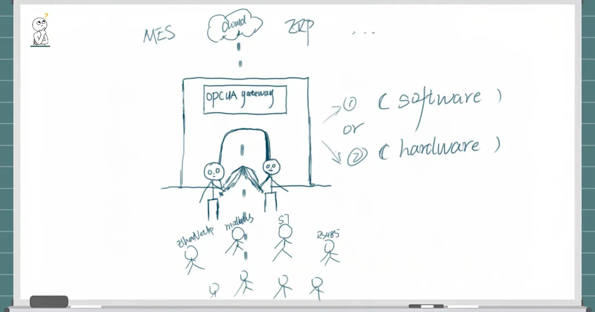 Whiteboard-style hand-drawn diagram illustrating the working principle of an OPC UA gateway, showing the protocol conversion from heterogeneous field buses to MES/ERP and cloud platforms.