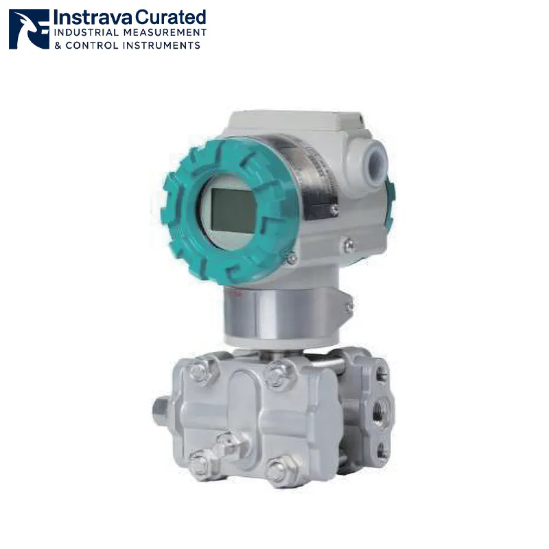 Side view of industrial pressure transmitter, showing stainless steel measuring chamber, LCD display and electrical interface, for industrial process pressure monitoring applications