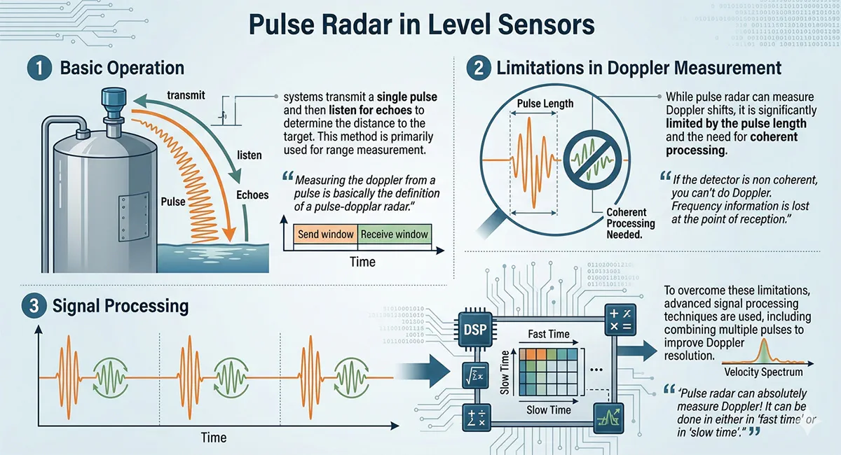 Industrial radar technology evolution and principle comparison chart between FMCW and Pulse Radar level sensors.