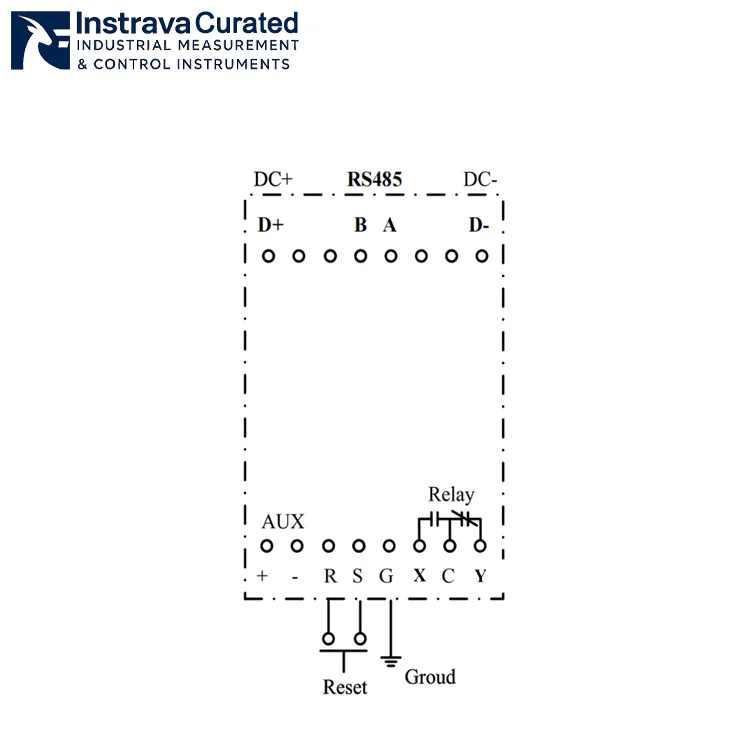 DC insulation monitor wiring diagram, showing definitions of DC power, RS485 communication, relay output, reset and ground terminals, for industrial DC system insulation monitoring wiring reference