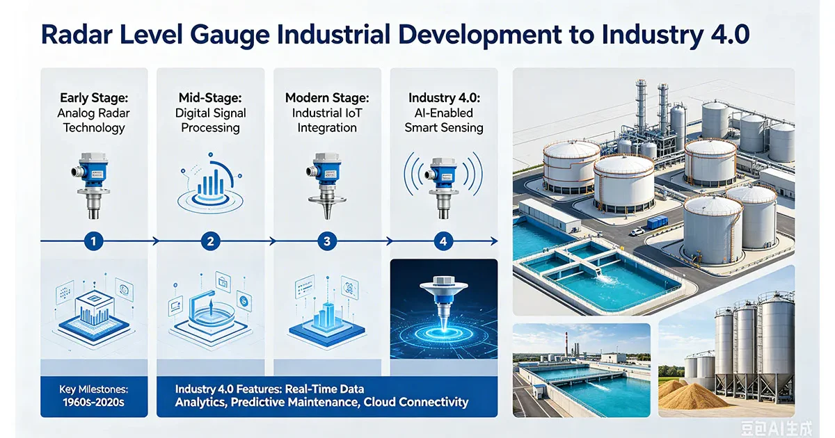 Working principle and microwave reflection technology diagram of a radar level sensor in an industrial storage tank.