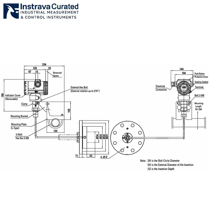 Installation dimension diagram of split-type capillary remote seal transmitter, marking key dimensions of transmitter body, mounting bracket, flange diaphragm seal and capillary, for on-site industrial installation reference