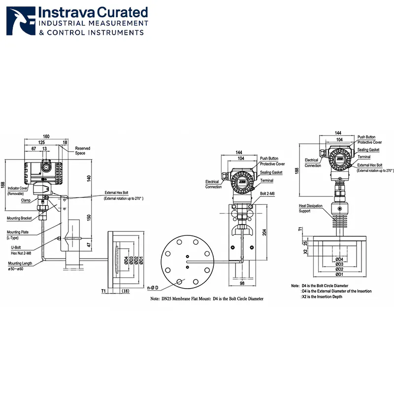 Multiple installation dimension diagrams of capillary remote seal transmitters, showing key dimensions of transmitters, flange diaphragm seals and mounting brackets of different structural forms, for industrial transmitter selection and installation reference