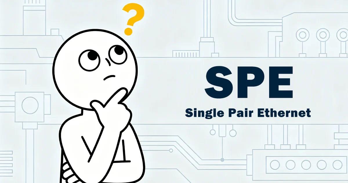 Cartoon-style stick figure illustration exploring Single Pair Ethernet (SPE) technology in industrial networking.