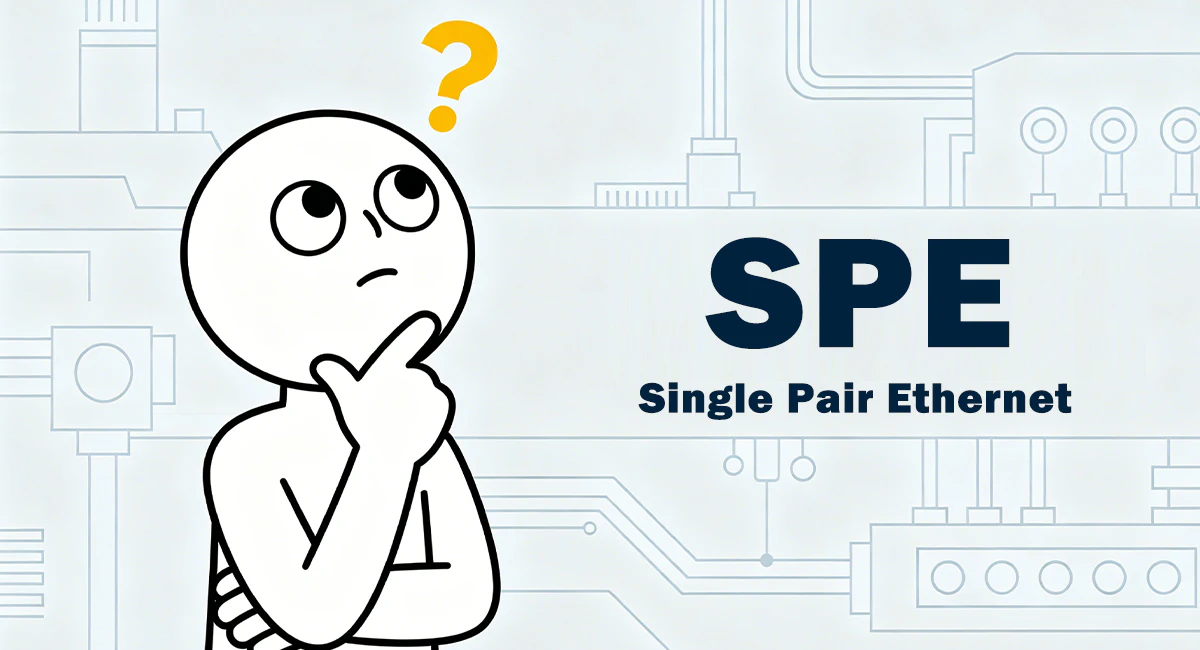 Cartoon-style stick figure illustration exploring Single Pair Ethernet (SPE) technology in industrial networking.