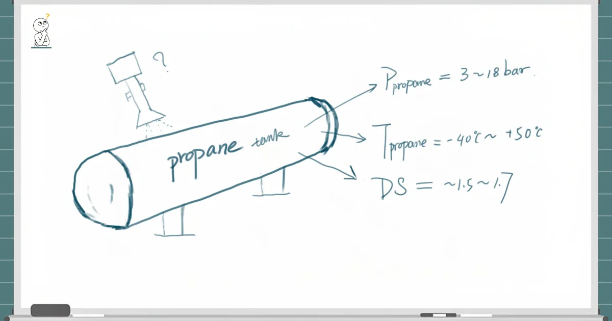 Whiteboard-style hand-drawn diagram illustrating application conditions and radar level gauge selection challenges for a propane storage tank.