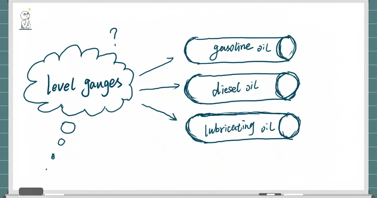 Whiteboard-style hand-drawn mind map discussing level gauge selection for gasoline, diesel, and lubricating oil storage tanks.