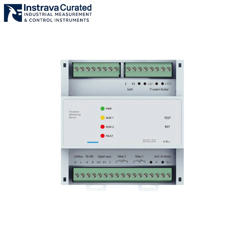 DC insulation monitoring device with CANbus, RS485, relay outputs, and alarm indicators.