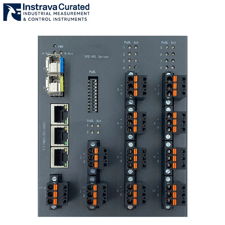 Close-up view of industrial Ethernet-APL switch interfaces and LED status indicators.