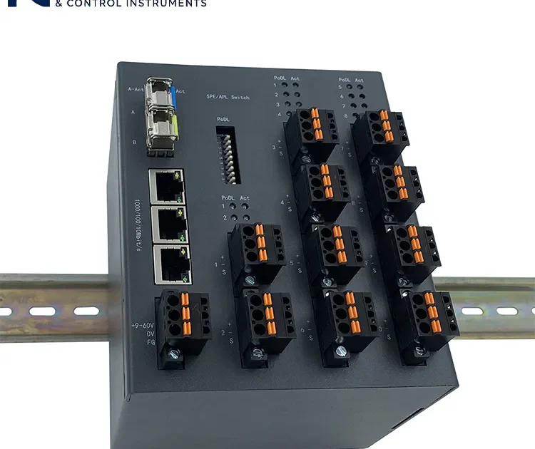 Industrial-grade Ethernet-APL field switch hardware mounted on a DIN rail.