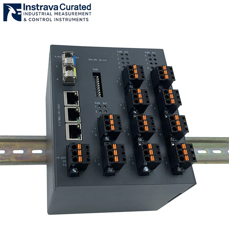 Industrial-grade Ethernet-APL field switch hardware mounted on a DIN rail.