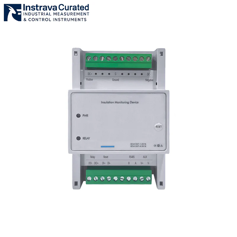 Front view of an insulation monitoring device with relay and RS485 communication terminals.
