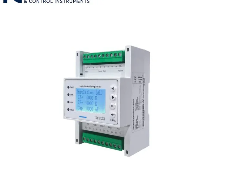 Instrava DIN-rail mounted insulation monitoring device side view, showing wiring terminals, display and housing details, for industrial insulation fault monitoring applications