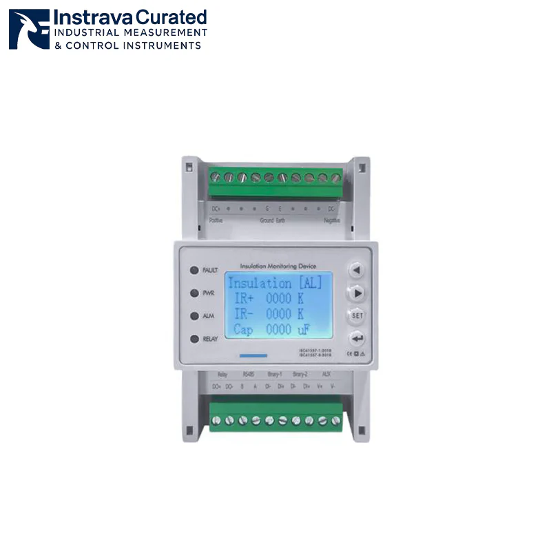 Instrava insulation monitoring device front view, showing LCD display, status indicators and operation buttons, for DC/AC system insulation monitoring