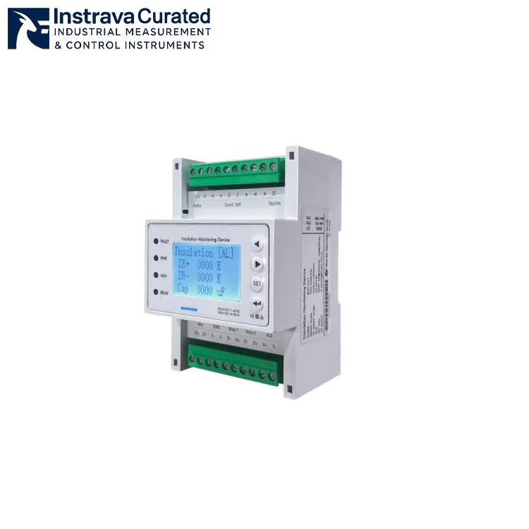 Instrava DIN-rail mounted insulation monitoring device side view, showing wiring terminals, display and housing details, for industrial insulation fault monitoring applications