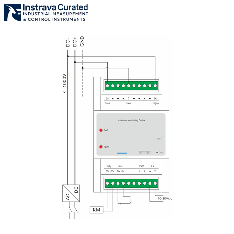 Wiring diagram for an insulation monitoring device connected to a DC power system.