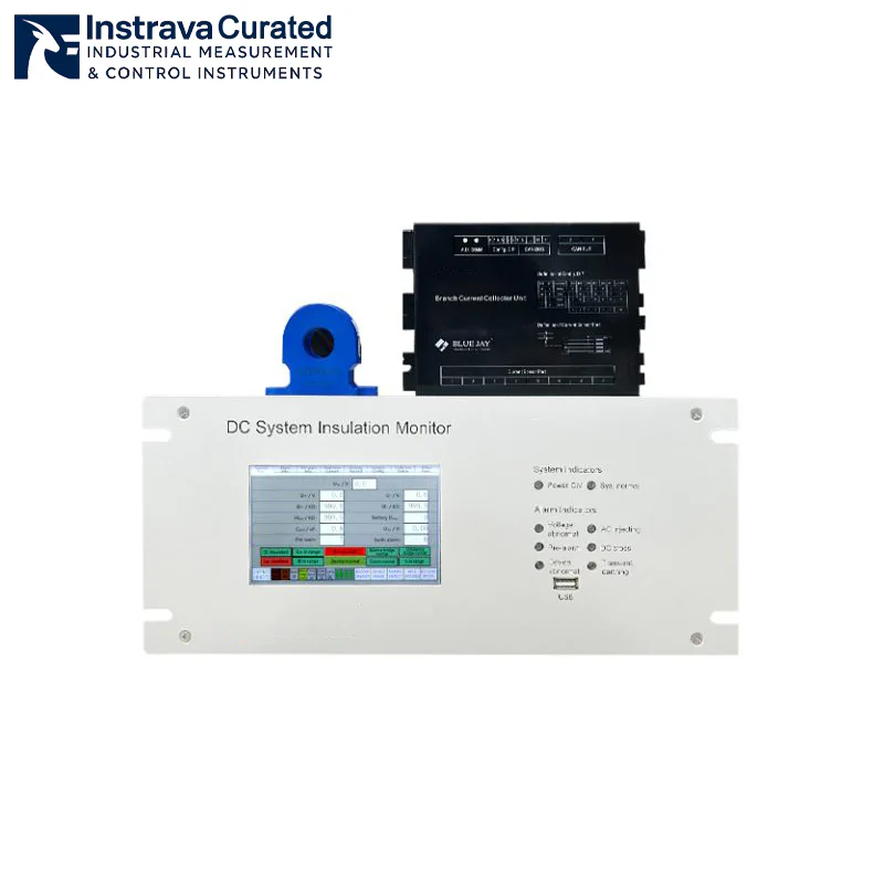 Front view of DC system insulation monitor with collector unit and current sensor, showing color display, status indicators and supporting collector unit and current sensor for DC system insulation fault monitoring and location