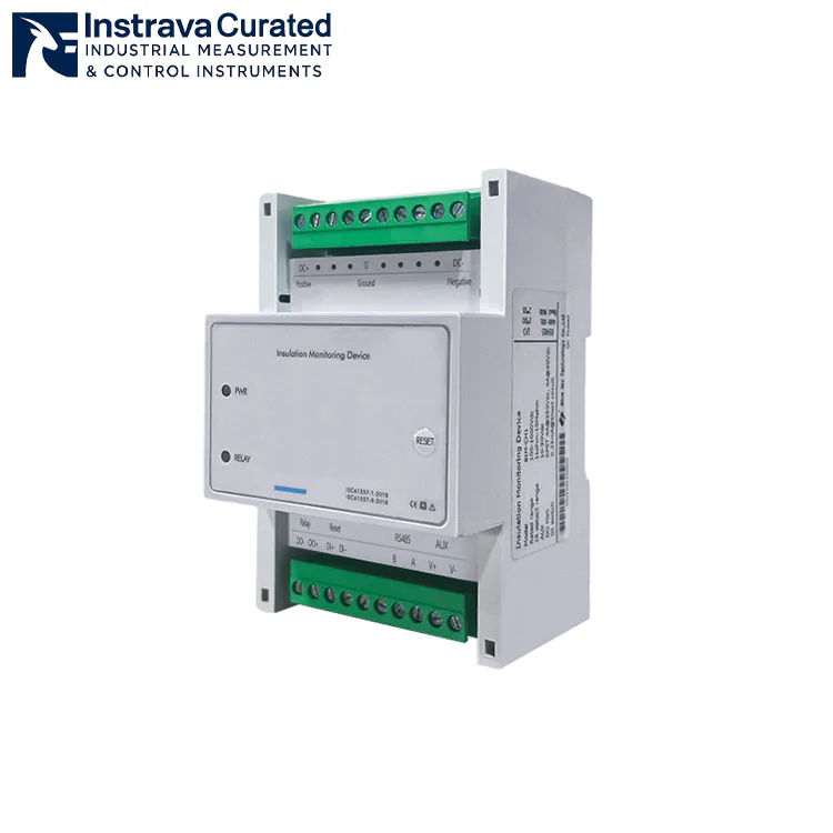 Front angled view of an insulation monitoring device with terminal connectors for industrial electrical systems.