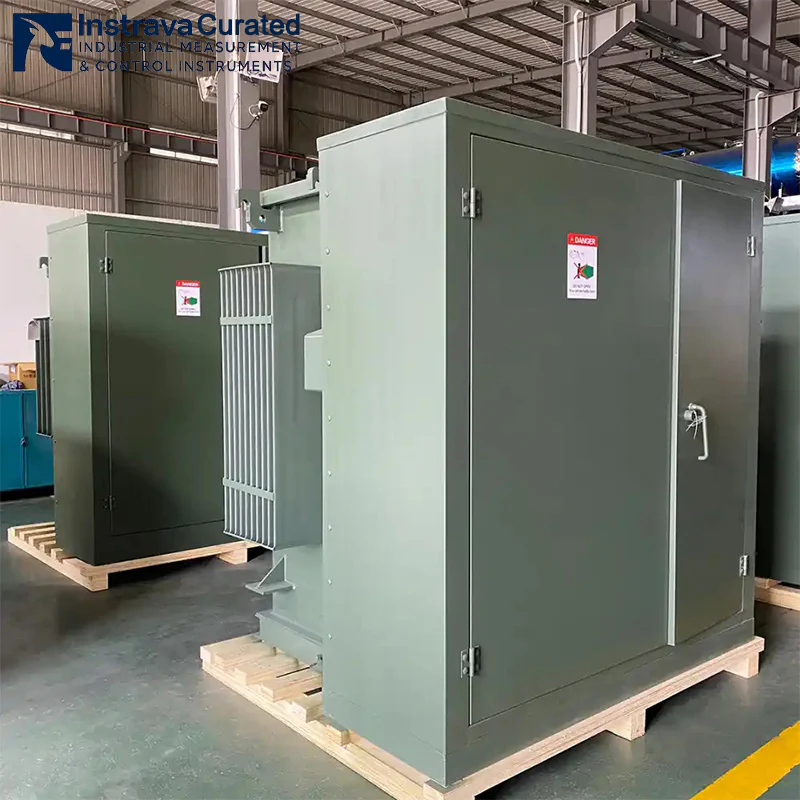 Side view of pad-mounted distribution transformer, prefabricated fully enclosed cabinet with cooling grilles, for outdoor industrial power distribution applications