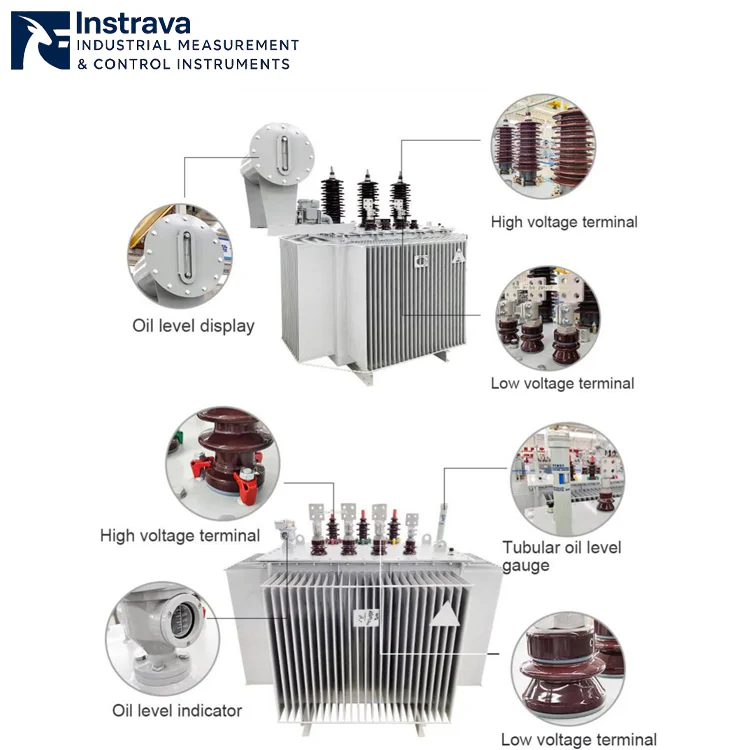 Structure diagram of distribution oil-immersed transformer with labeled key components, including conservator tank, high/low voltage bushings and oil level gauge, for product descriptions and technical manuals