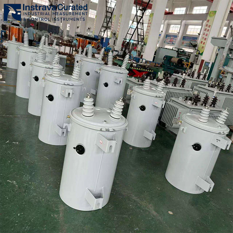 Real shot of finished single-phase pole-mounted transformers in factory inventory, bulk units neatly arranged in workshop, for bulk supply to grid renovation and distribution projects
