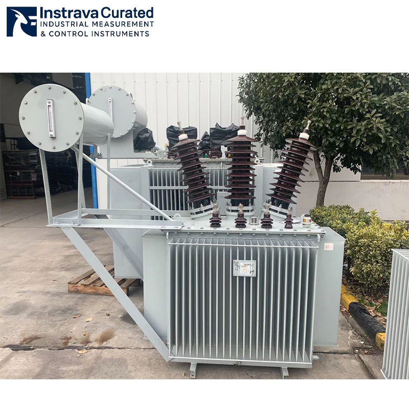 Outdoor real shot of 10kV three-phase oil-immersed distribution transformer with conservator tank and breather, for outdoor distribution pole and substation applications