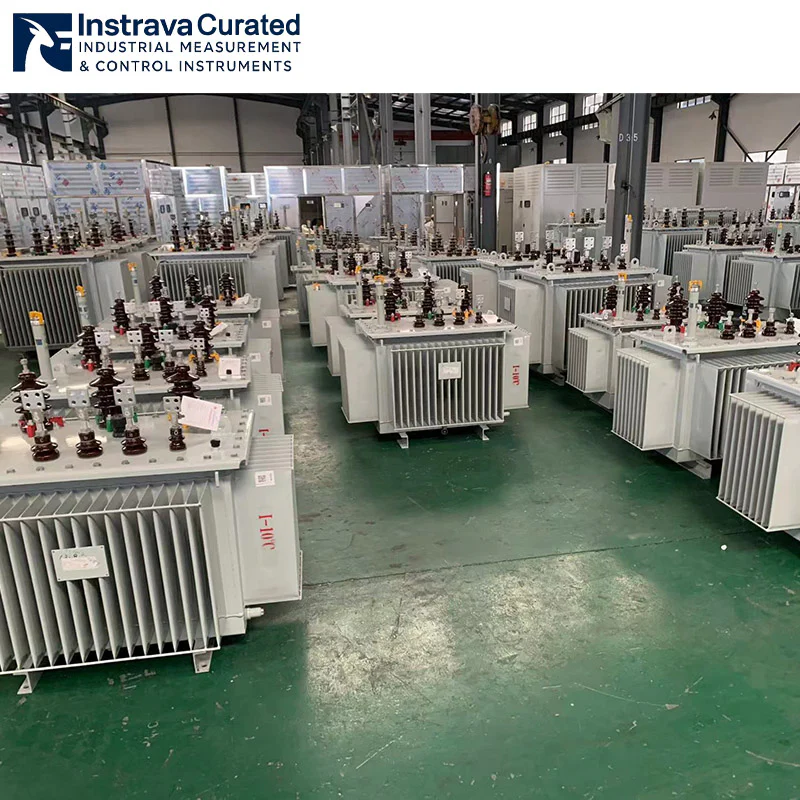 Real shot of 10kV three-phase oil-immersed distribution transformers in factory finished goods inventory, bulk units neatly arranged in workshop, for bulk supply to grid renovation and distribution projects