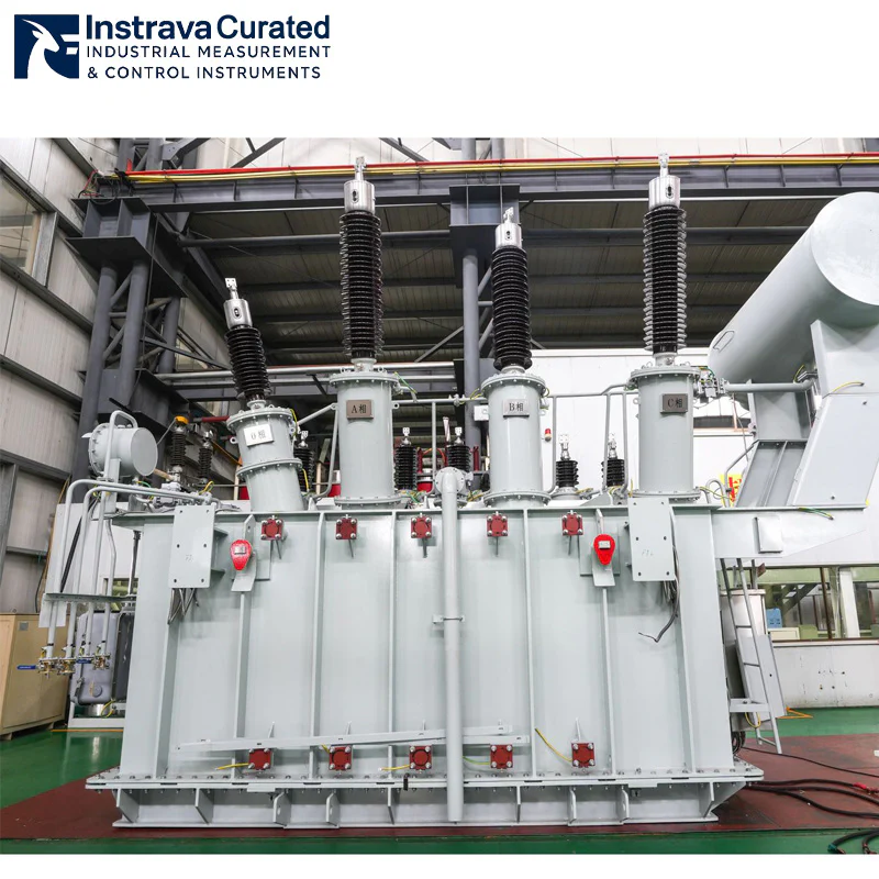 :Front assembly view of three-phase oil-immersed power transformer, complete with A/B/C phase high-voltage bushings, conservator tank and control cabinets, industrial power distribution equipment