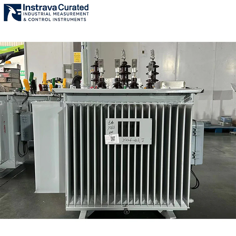 Front view of distribution oil-immersed transformer, complete with high/low voltage bushings, cooling radiators and tap changer, for factory power distribution and grid terminal applications