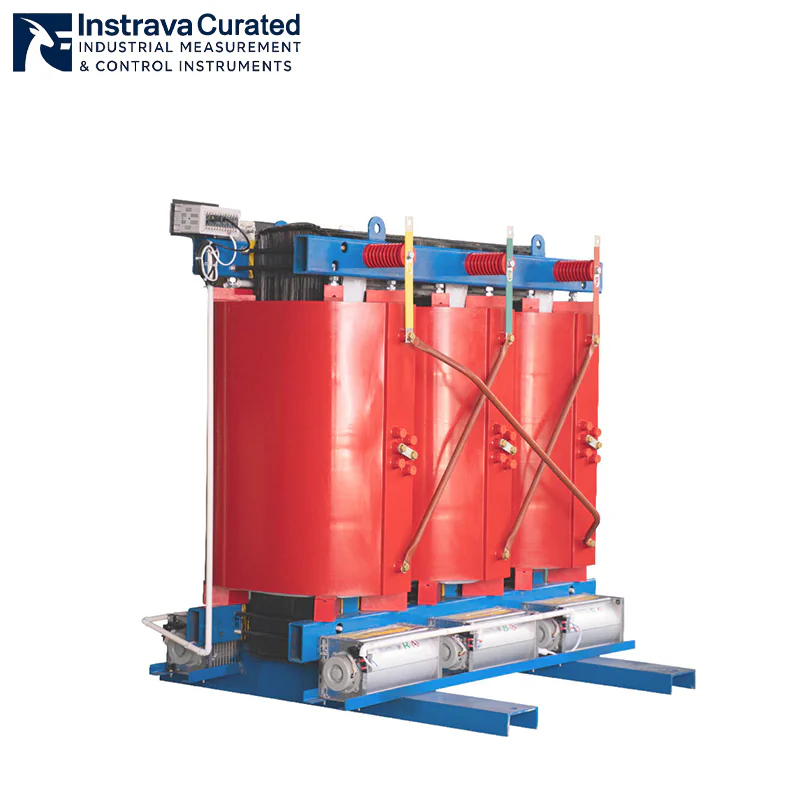 Oblique side view of three-phase epoxy dry-type transformer, showing cross-connected busbars, cooling fans and temperature control device, for high-load industrial power distribution applications