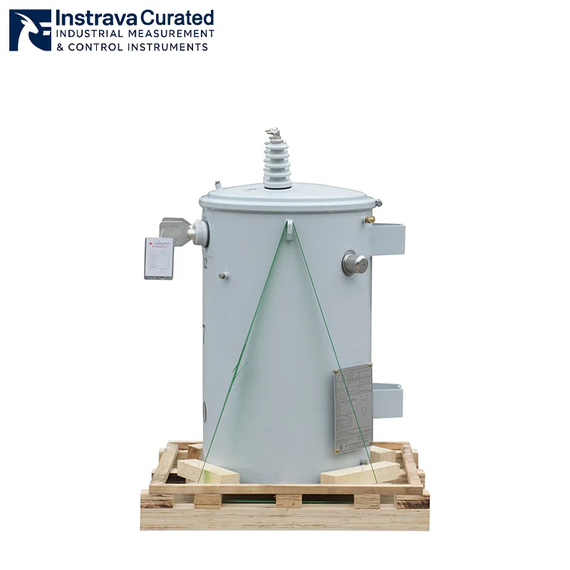 Side view of single-phase pole-mounted distribution transformer, showing high-voltage porcelain bushing, terminals and nameplate, for outdoor distribution pole installation