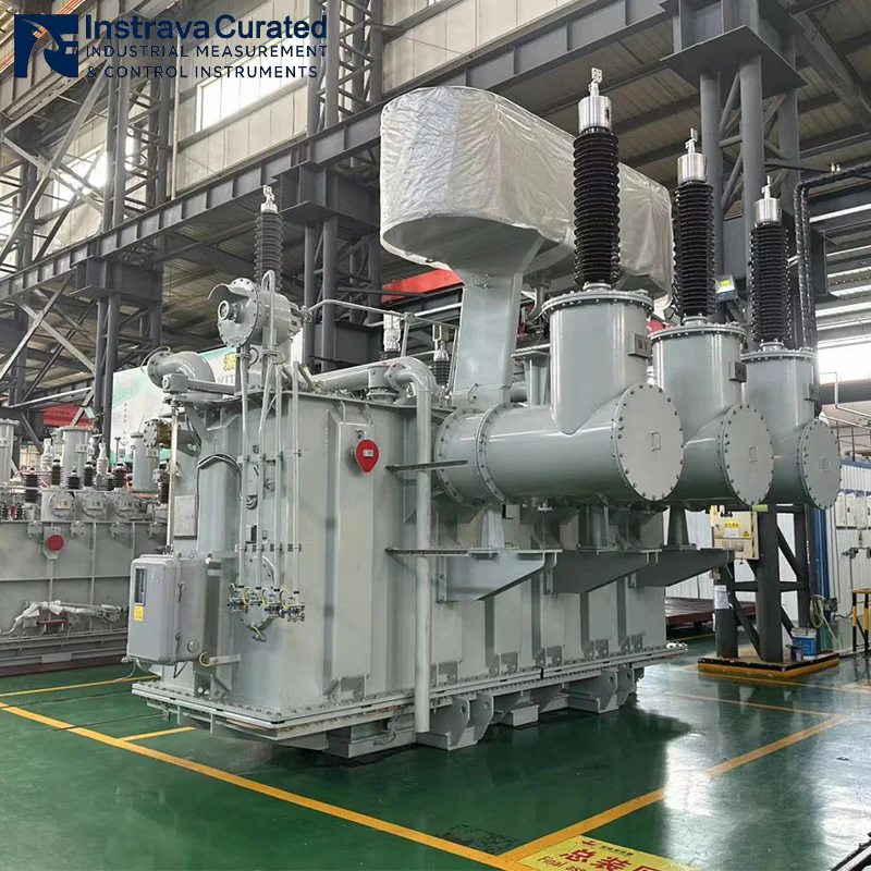 Oblique view of ultra-high voltage oil-immersed power transformer in factory, showing conservator tank, high-voltage bushings and cooling system, for large substation applications
