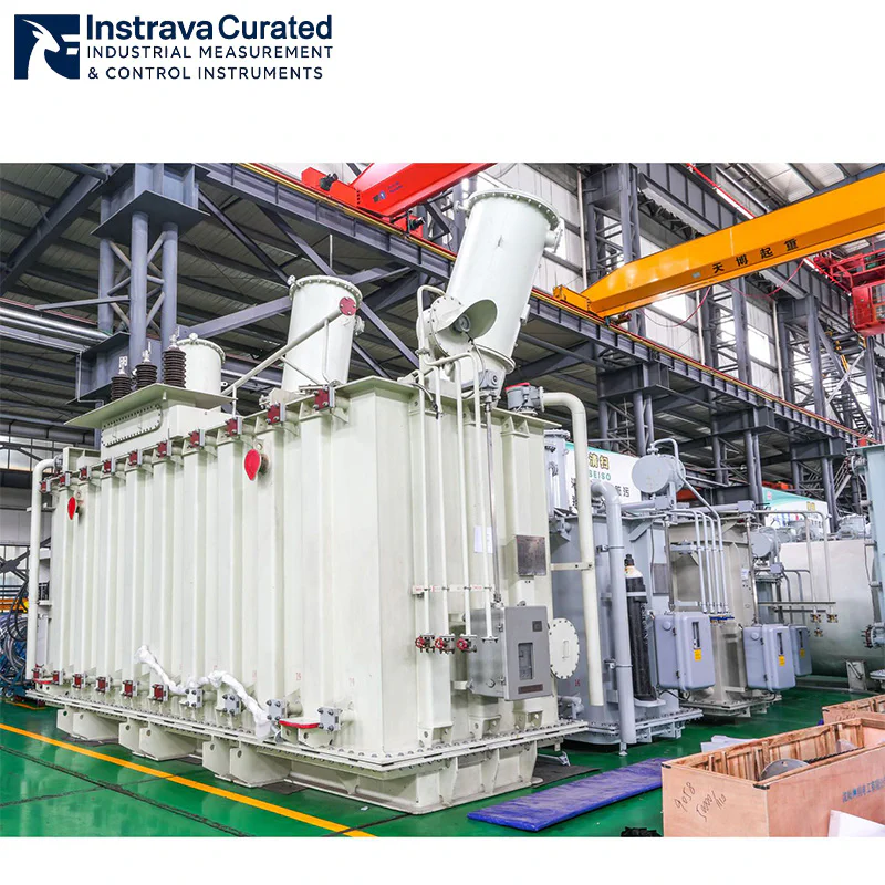 Real shot of large oil-immersed power transformer in factory, showing corrugated cooling radiators, conservator tank and control cabinets, for voltage regulation in industrial power systems
