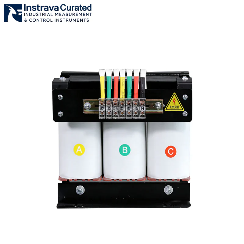 Bare three-phase dry-type isolation transformer with clearly marked 380V to 220V terminals, for industrial voltage conversion and electrical isolation
