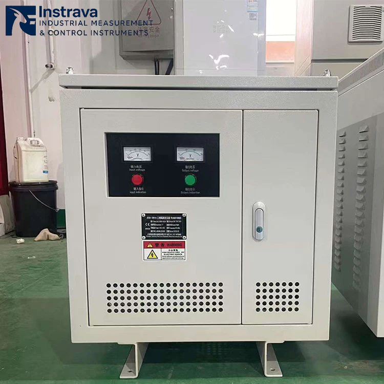 Three-phase dry-type isolation transformer with cooling vents and dual voltmeters, fully enclosed cabinet design, for industrial automation equipment power supply applications