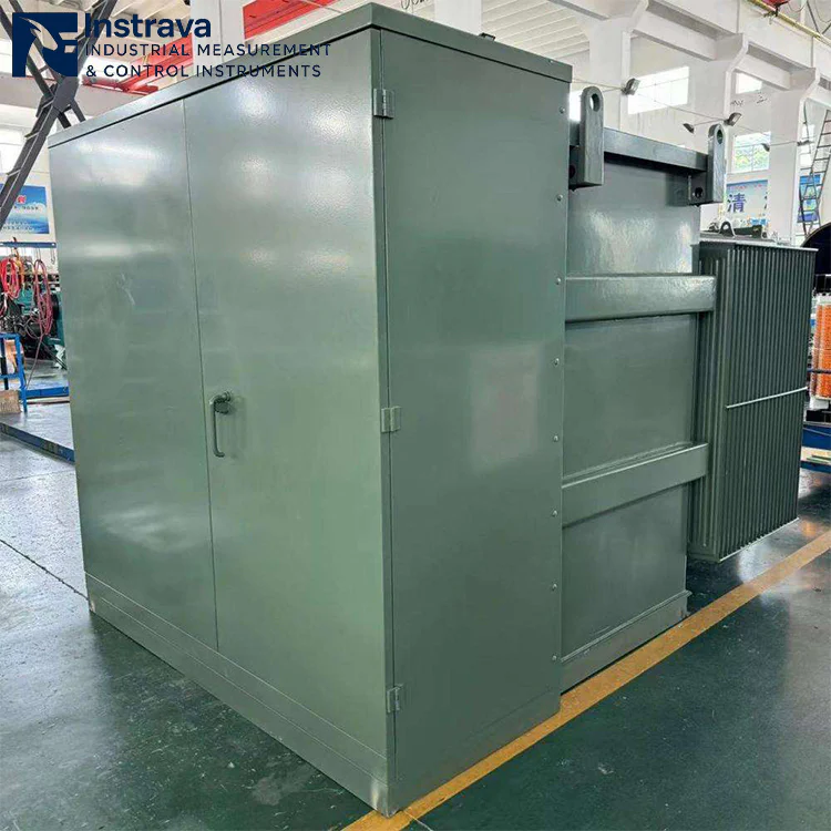 Overall view of pad-mounted transformer, showing fully enclosed cabinet and cooling radiators, for outdoor prefabricated substation applications