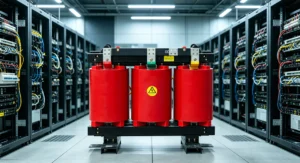 Three-phase dry-type power transformer installed in a data center electrical room for stable power distribution and backup energy supply