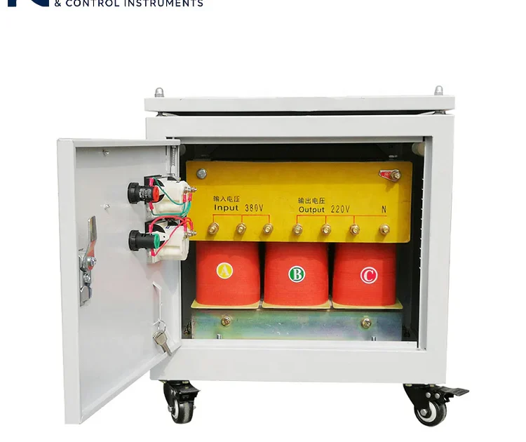 Real shot of small three-phase dry-type isolation transformer, 380V to 220V voltage conversion, mobile cabinet with casters, for laboratory and equipment power supply applications